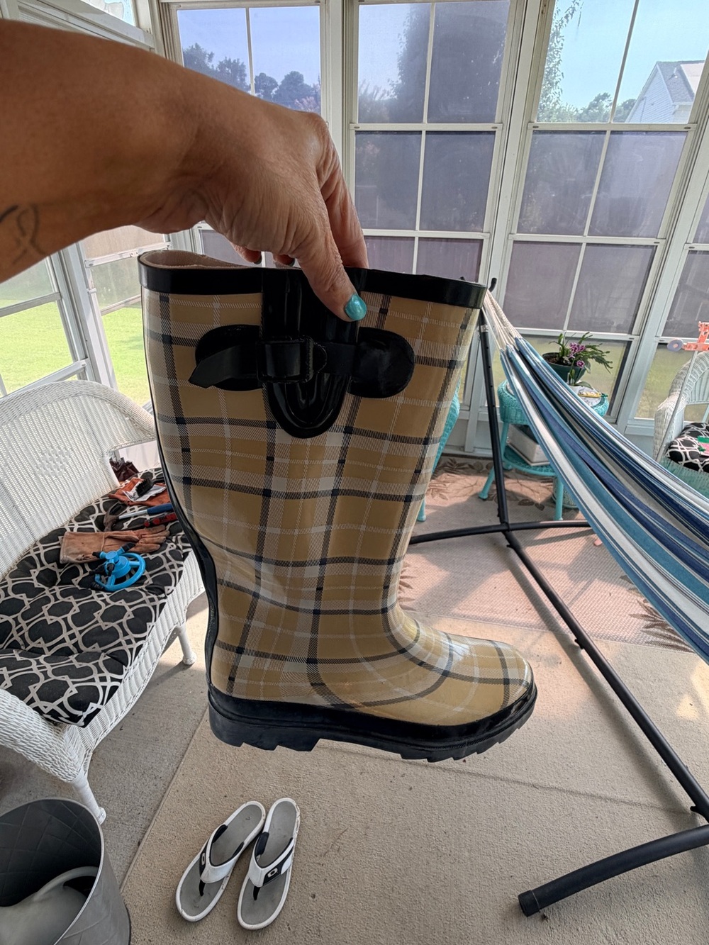 Plaid Rain Boots with Black Trim - Picture 3 of 8